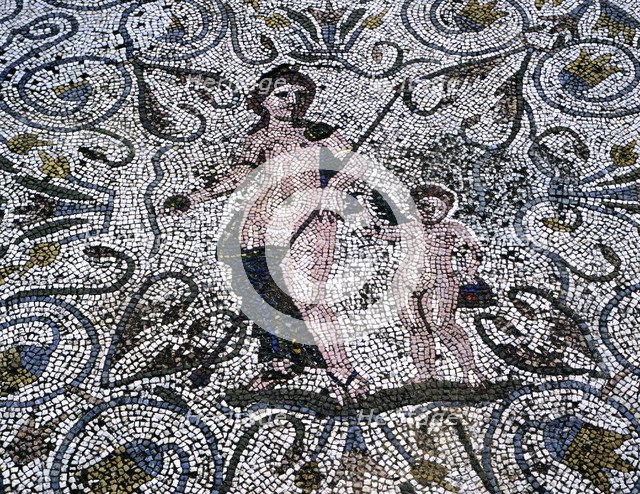 Mosaic in the Amphitheatre house representing spring, preserved in the archaeological site of Mer…
