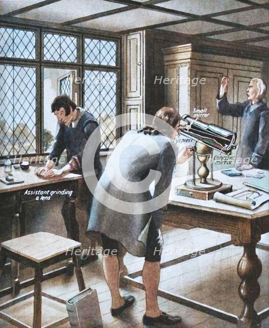 'Newton Invents a New Telescope', c1934. Creator: Unknown.