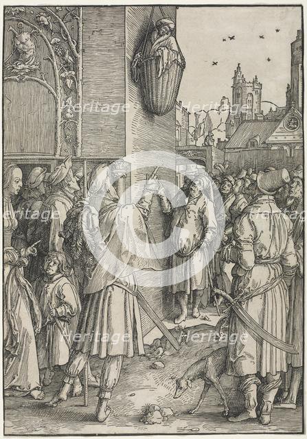 The Power of Women: The Poet Virgil Suspended in a Basket, c. 1512. Creator: Lucas van Leyden (Dutch, 1494-1533).