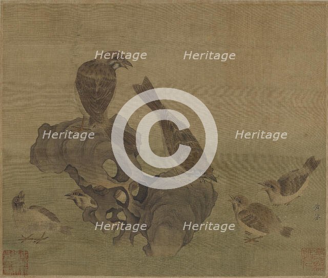 Sparrows feeding their young, Ming or Qing dynasty, (17th century?). Creator: Unknown.