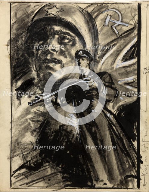 Officer presenting sword; head of Russian soldier with Red Flag and Union Jack, between 1939 & 1946. Creators: Central Office of Information, Unknown.