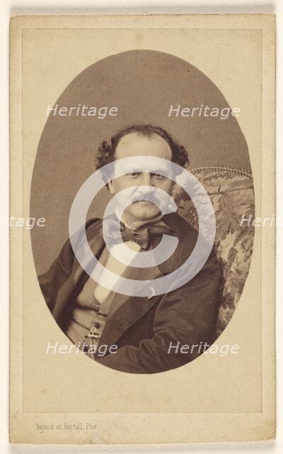 Unidentified man with moustache, wearing a bow tie, seated, about 1863. Creator: Bayard & Bertall.