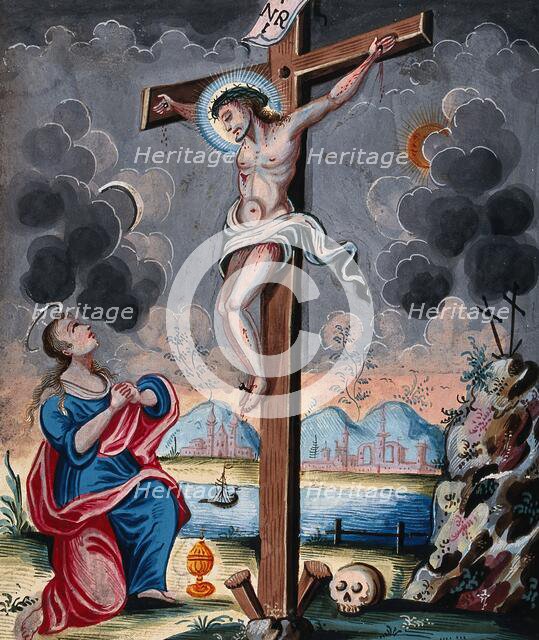 Saint Mary Magdalene clasps her hands before the crucified Christ. Creator: Unknown.