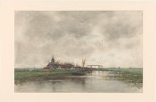 River landscape with a view of a village, 1866-1892. Creator: Frederik Jacobus van Rossum du Chattel.