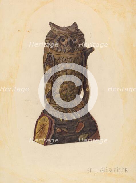 Mechanical Penny Bank: Owl, c. 1939. Creator: E. J. Gilsleider.