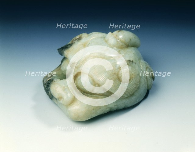 Jade one-horned monster head scroll weight, Yuan or Ming dynasty, China, 13th-16th century. Artist: Unknown