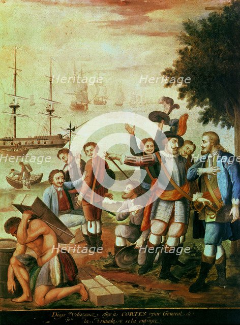 Diego Velázquez chooses as army general Cortes and gives it to him' oil painting of series 'Conqu…