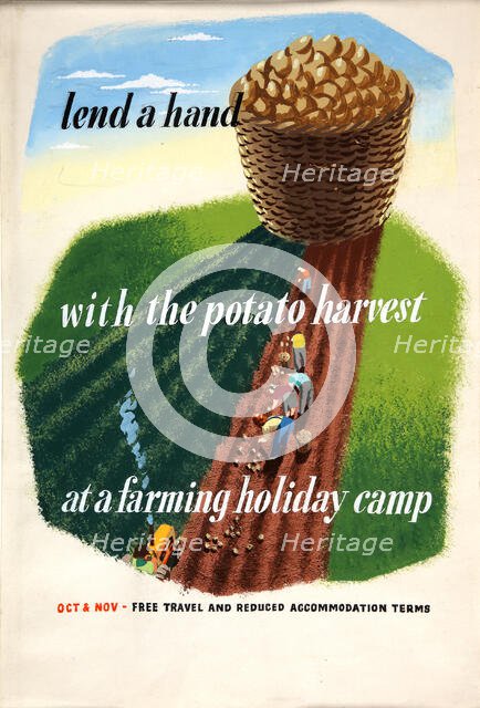 'Lend a hand with the potato harvest at a farming holiday camp...', WWII poster, between 1939 & 1946 Creators: Central Office of Information, Eileen Evans.