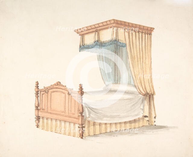 Design for a Bed with Yellow and Blue Fringed Hangings, early 19th century. Creator: Anon.