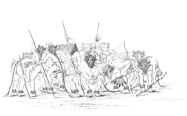 Native American hunters dancing wearing buffalo masks, 1841.Artist: Myers and Co