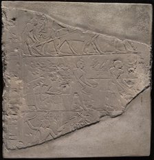 Fragment of a Stela Depicting Plowing, Harvesting, and Fowling, Egypt, First Intermediate Period... Creator: Unknown.