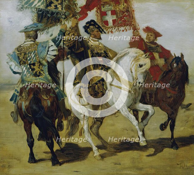 Three mounted standard bearers, 1879. Creator: Hans Makart.