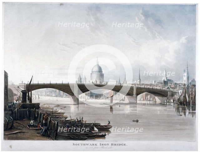 View of 'Southwark Iron Bridge' from Bankside, London, 1819. Artist: Thomas Sutherland