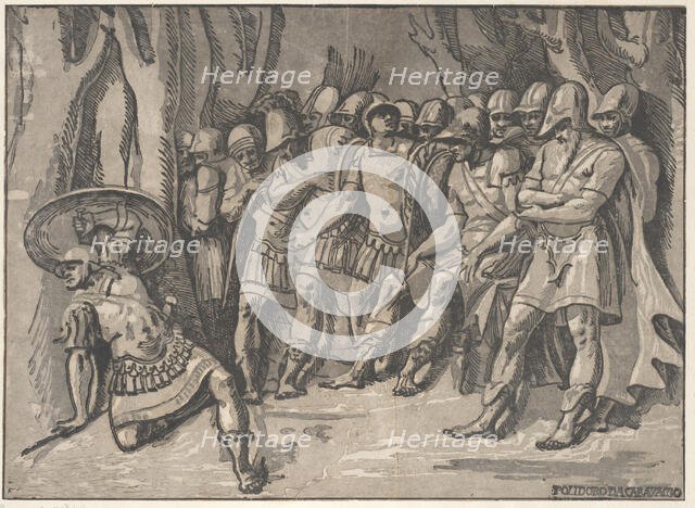 Ajax lower left holding a shield aloft, at the right stands Agamemnon surrounded by his..., 1540-50. Creator: Niccolo Vicentino.