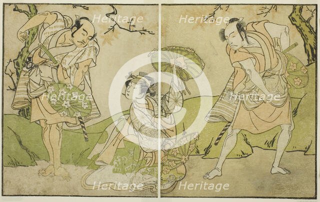 The Actors Ichikawa Somegoro (right), Segawa Kikunojo II (center), and Bando Sampachi..., c. 1772. Creator: Shunsho.